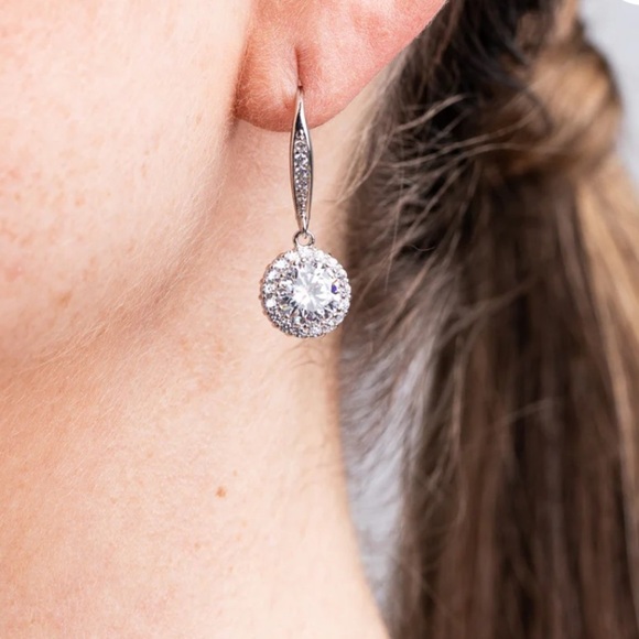 ABSOLUTELY EXQUISITE 4 CT ROUND STONE DROP STYLE EARRINGS W DECADENT PAVE BORDER - Picture 1 of 5